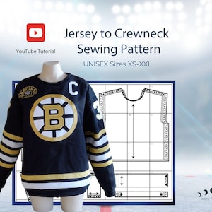 May include: A black and gold jersey to crewneck sewing pattern with a YouTube tutorial link. The pattern includes a front and back view of the garment and is available in sizes XS-XXL.