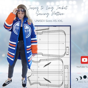 May include: A sewing pattern for a long jacket, with a model wearing a blue and orange hockey jersey style jacket. The pattern is for unisex sizes XS-XXL. The image also includes a YouTube tutorial link and the text "Intro To Soul".