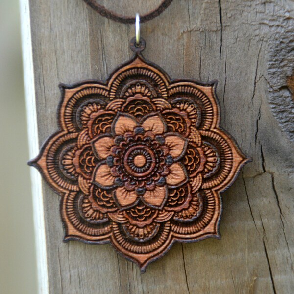 Earthy Tones Mandala Pendant Stained Wood Necklace Laser Cut Detailed Intricate Engraving Women's Jewelry Gifts for Her Boho Statement Piece