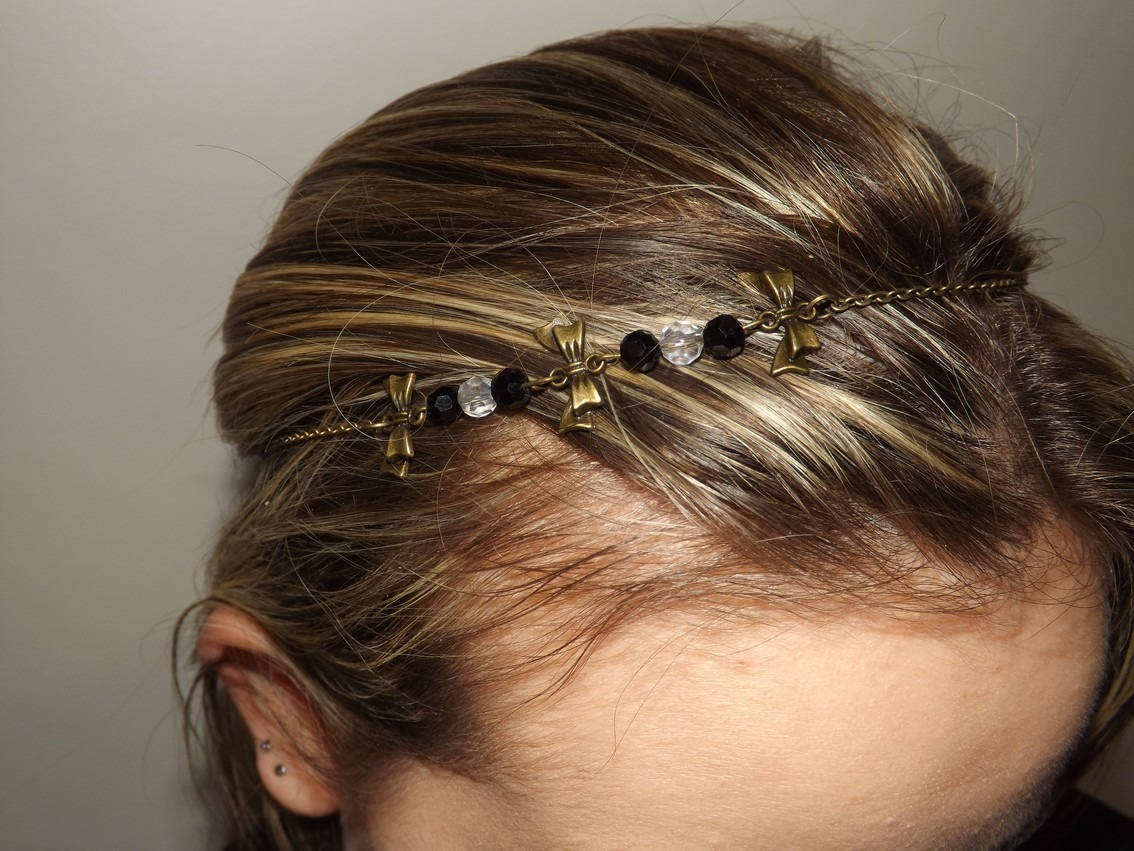 Jolie Headband Bijoux de Cheveux, Accessoire Vintage Romantique Noeud , Perle Cristal Noir et Transp