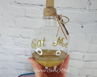 RTS Steampunk Gold Glitter Dipped Alice in Wonderland Inspired "Eat Me" Office Decor, Home Decor, Candies Bottle, Repurposed, Handmade