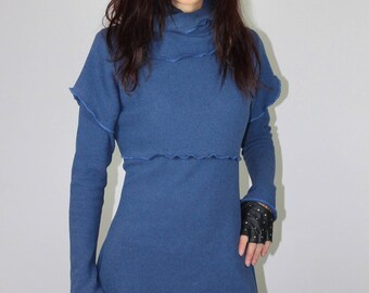 Dress, sweater, wool, denim blue, composed of three pieces, collar, removable, on sweater, short.