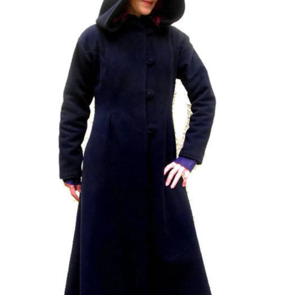 Manteau long  pure laine  noir doublé avec grande capuche intemporel