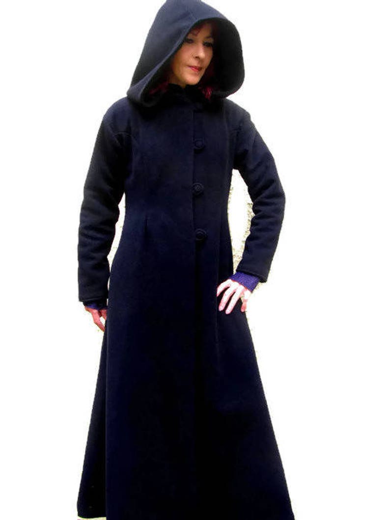Long lined black pure wool coat with large timeless hood image 1