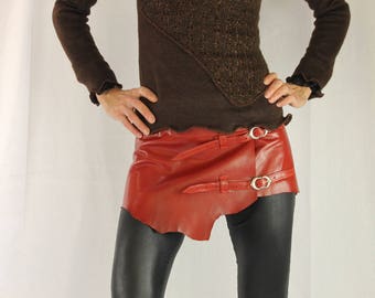 On skirt, leather belt, half soft, orange rust, unique piece