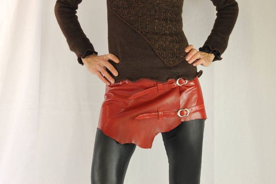 On skirt, leather belt, half soft, orange rust, unique piece