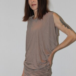 Short dress, asymmetrical tunic, pleated, cotton jersey, beige taupe color image 2