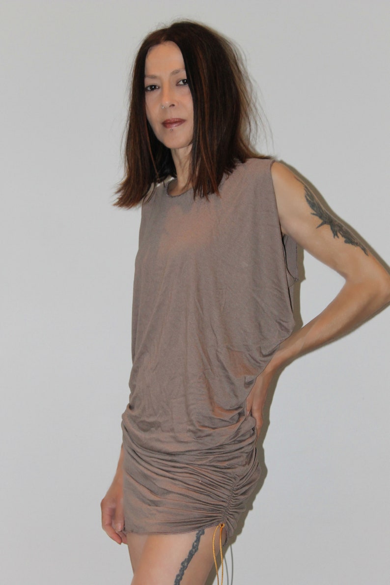Short dress, asymmetrical tunic, pleated, cotton jersey, beige taupe color image 2