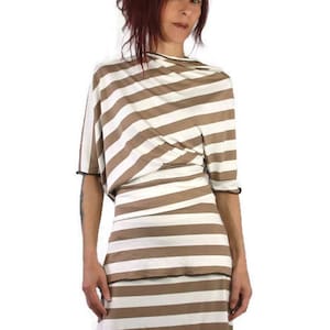 Set , top , asymmetrical , unstructured , skirt , asymmetrical , mid long , in striped jersey , ecru and taupe