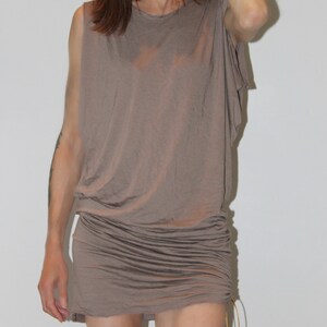 Short dress, asymmetrical tunic, pleated, cotton jersey, beige taupe color image 3