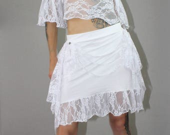 Romantic white cotton and lace set, top, skirt, small sleeves and half removable socks