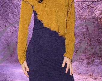 Woolen dress, two-tone, mustard yellow and plum, unique piece