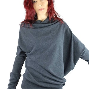 Asymmetrical sweater, unstructured, pleated, mouse gray, in knit wool