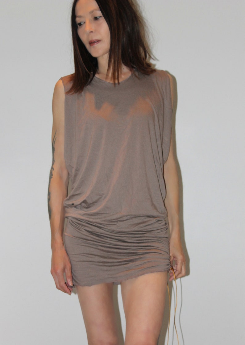 Short dress, asymmetrical tunic, pleated, cotton jersey, beige taupe color image 1