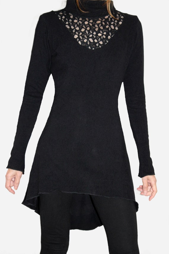 Dress, Tunic, Neckline, Calais Lace, Turtleneck, Asymmetrical, Knit Wool, Black. - Etsy Dress, Tunic, Neckline, Calais Lace, Turtleneck, Asymmetrical, Knit Wool, Black. - Etsy