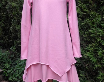 Robe , tunique , rose pâle , deux modèles , asymétrique, lainage , tricot , jersey de coton biologique.