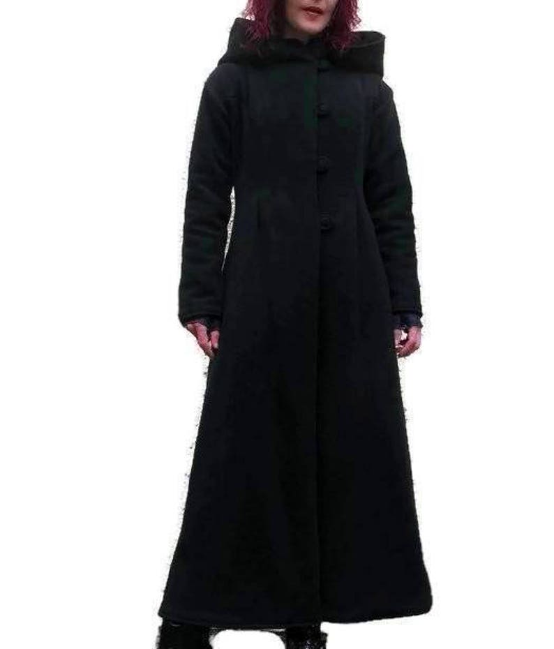 Long lined black pure wool coat with large timeless hood image 5