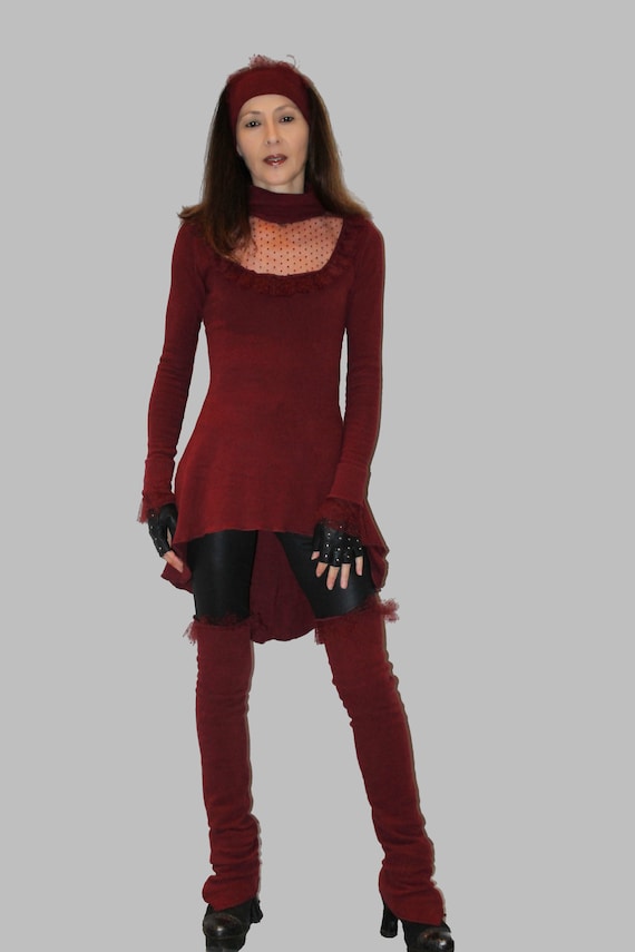 Sweater Dress, Tunic Sweater, Asymmetrical, Burgundy, Wool, Neckline,  Fishnet Tulle, Stretchy - Etsy