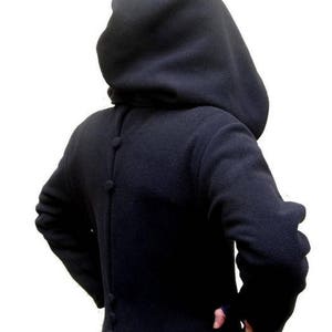 Long lined black pure wool coat with large timeless hood image 3