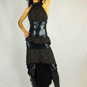 Glam rock set, top and skirt in shiny black lamé jersey and ruffles black cotton and pink peas image 1