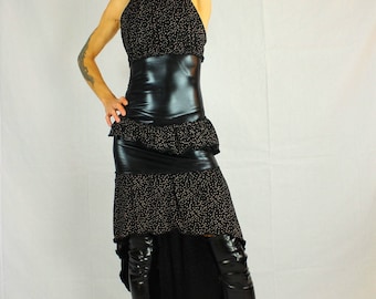 Glam rock set, top and skirt in shiny black lamé jersey and ruffles black cotton and pink peas