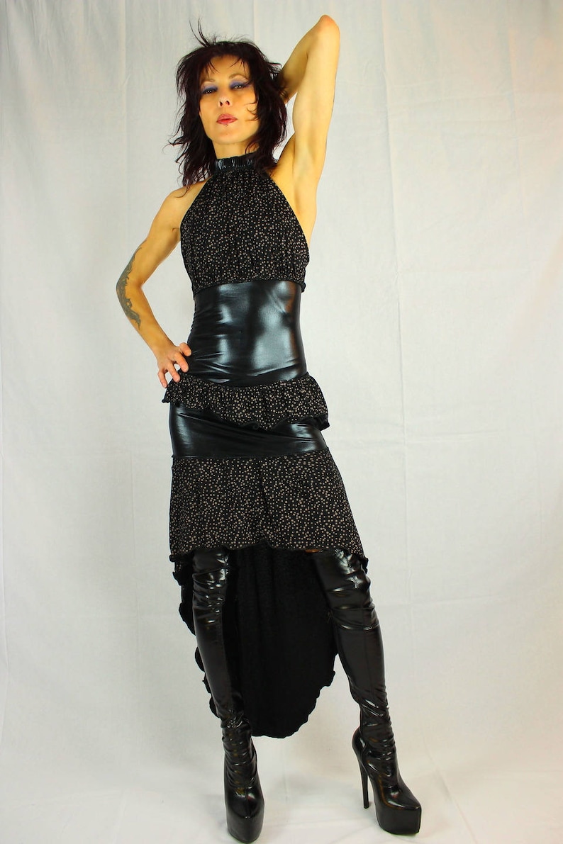 Glam rock set, top and skirt in shiny black lamé jersey and ruffles black cotton and pink peas image 1