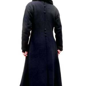 Long lined black pure wool coat with large timeless hood image 4