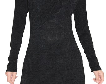 Black knitted knitted tunic dress with pleated falling collar