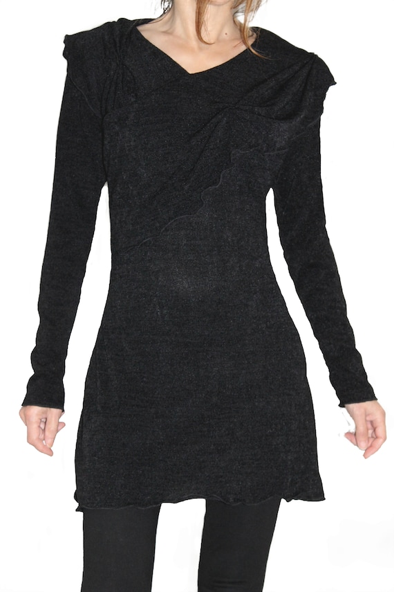 black knitted tunic dress Black Ribbed Knit Sweater Dress, Oversized Turtleneck Tunic With Slits