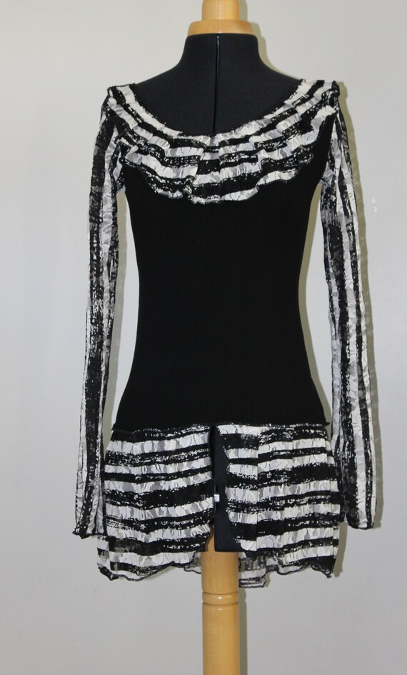 Tunique Voile Vintage Noir Et Blanc - Taille 44 - Manches Trois-quarts - Femme