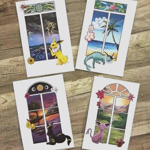 May include: Four rectangular art prints featuring stylized window views. One shows a yellow creature during a storm, another a blue creature on a beach, a third a black creature at sunset, and the fourth a purple creature in a green landscape.