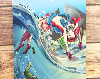 May include: A digital illustration of a character from a video game, wearing a red and blue outfit, with a green and red tail, diving into a blue wave. The character is surrounded by small, yellow fish.