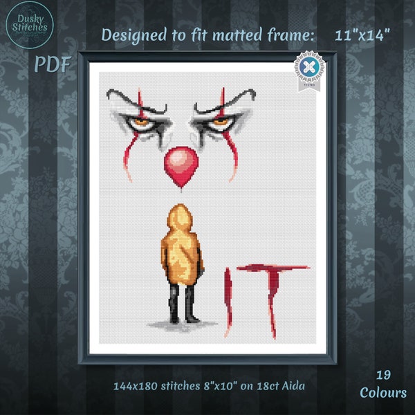 Padrão de ponto cruz Pennywise e Georgie. Design simples para download em PDF. 20 cm x 25 cm.