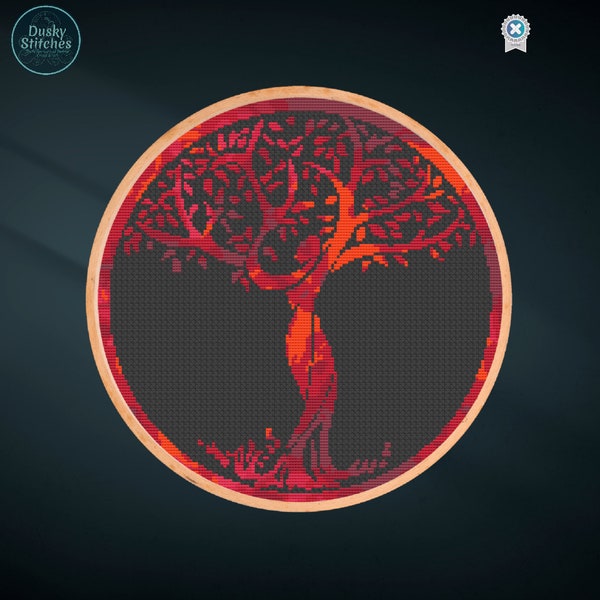 Tree of life goddess cross stitch pattern. Round design in sunset reds. Pdf download. 8"x8".