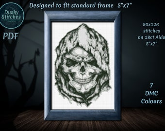 Horror cross stitch pattern. Hooded grinning reaper chart. 5"x7" PDF.