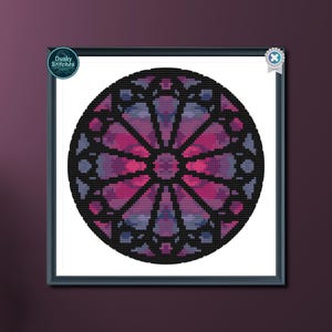 Stained glass cathedral rose window cross stitch pattern, Small easy design, pdf download.