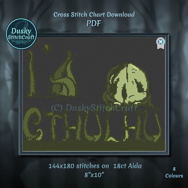 Cthulhu Cross Stitch pattern, I'a Cthulhu chart, Esoteric order of Dagon, pdf download. 8"x10".