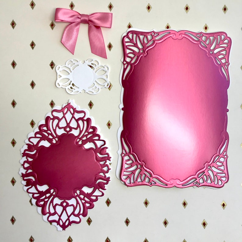 6PC Anna Griffin SALON NOUVEAU Die Cuts in Raspberry Matte Foil /& White Cardstock with Bow for Card making and Scrapbooking