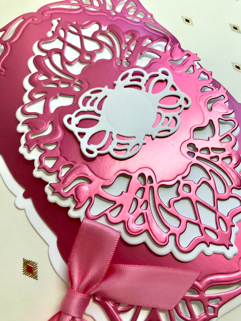 6PC Anna Griffin SALON NOUVEAU Die Cuts in Raspberry Matte Foil /& White Cardstock with Bow for Card making and Scrapbooking