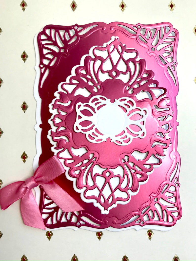 6PC Anna Griffin SALON NOUVEAU Die Cuts in Raspberry Matte Foil /& White Cardstock with Bow for Card making and Scrapbooking