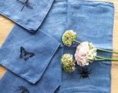 Vintage Blue Linen Small Dinner Napkins with Hand Screen Printed Winged Garden Insects - Set of 4