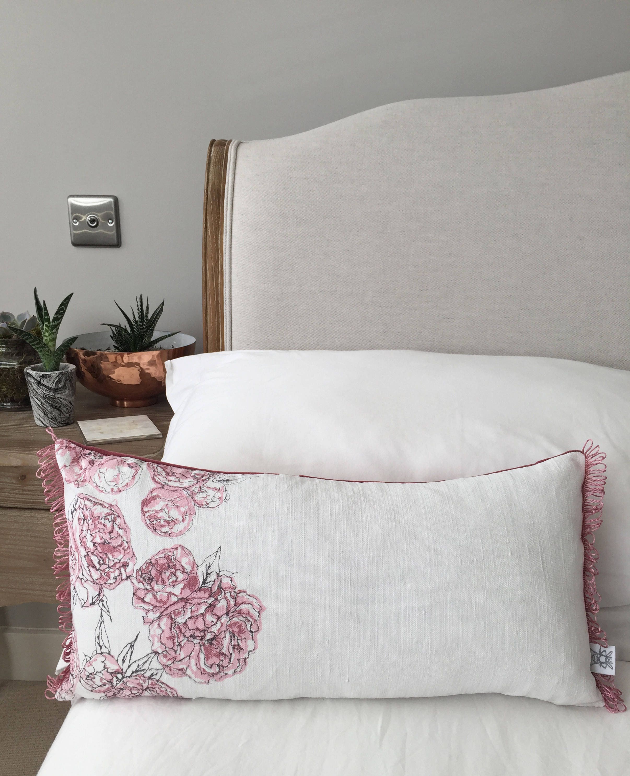 Boudoir cushion with Screen Printed Peony Design on Vintage Etsy