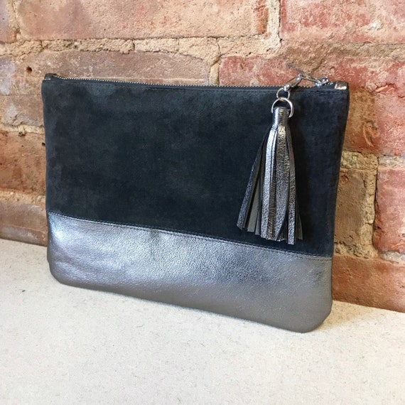 grey suede evening bag