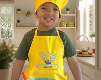 Personalized Kids Apron and Chef Hat Set, Embroidered Name