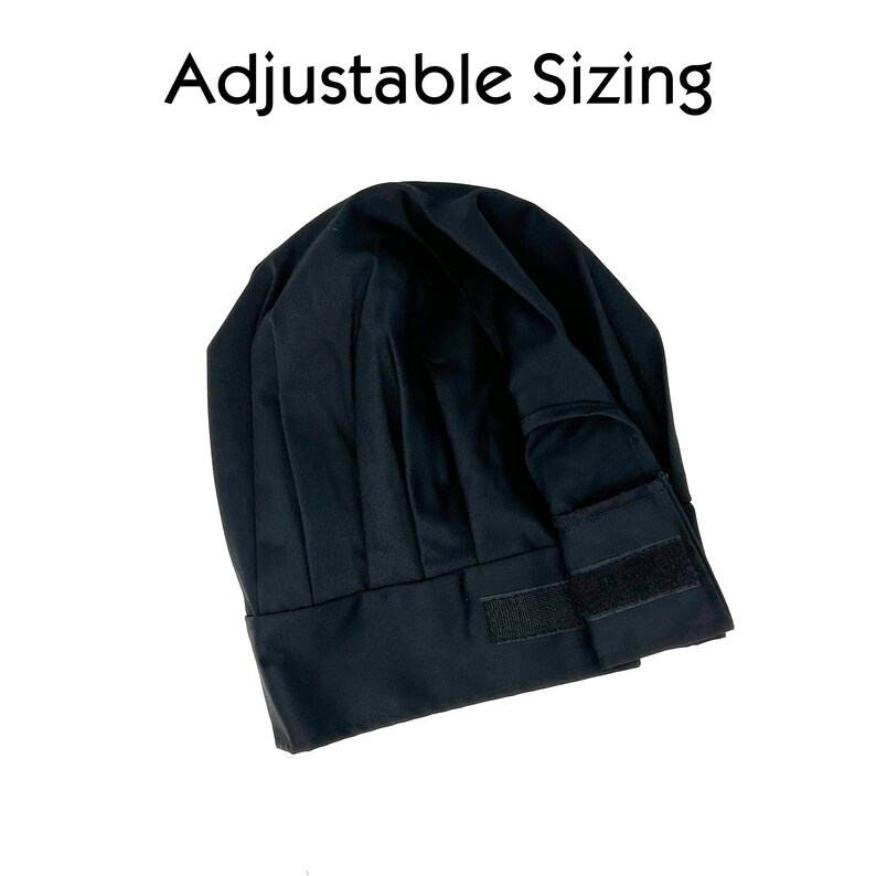 May include: Black chef hat with an adjustable strap. The hat is made of a soft, black fabric and has a classic chef hat design.