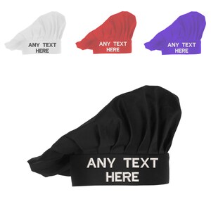 May include: A black chef hat with white text that reads "ANY TEXT HERE".