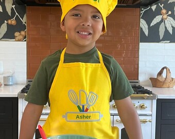 Personalized Kids Apron and Chef Hat Set, Embroidered Name