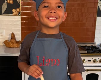 Personalized Kids Apron and Chef Hat Set, Embroidered Name, Many Colors Available