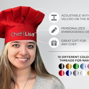 May include: A red chef's hat with the embroidered text "Chef Lisa" and a knife graphic. The hat is adjustable with Velcro on the back and offers a personalized embroidered design. The image also shows 10 different thread colors for the name.