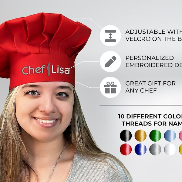 Personalized chef hat, embroidered name unique colorful cooking master cooks hat, perfect cook lover statement personal gift hat